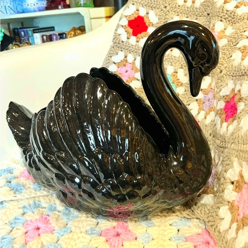 Vintage Handmade Signed Mid Century Mod Large Black Swan Planter